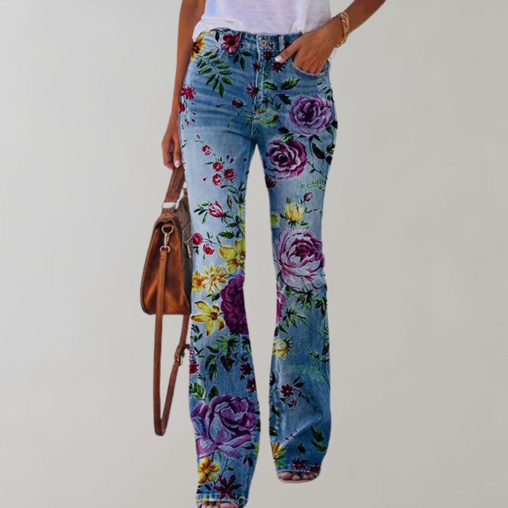 Jeans a Zampa per Donna con Stampe di Fiori e Farfalle – Comodo e Elegante per l'Estate