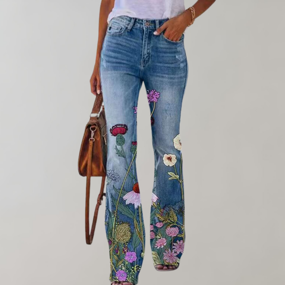 Jeans a Zampa per Donna con Stampe di Fiori e Farfalle – Comodo e Elegante per l'Estate