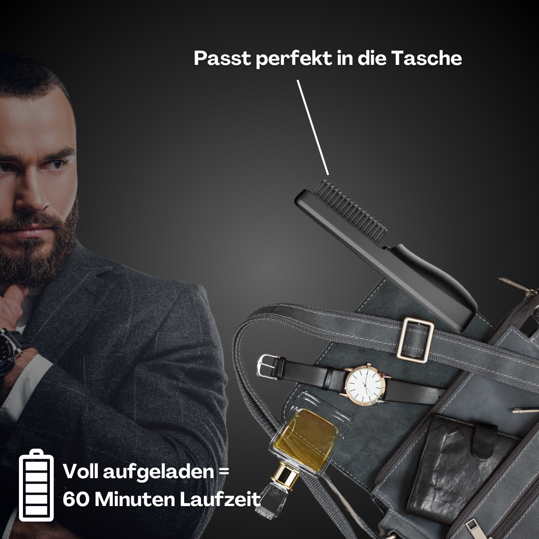 Pettine elettrico nero portatile in una borsa di pelle, accanto a orologio e profumo. Ideale per viaggi, autonomia 60 minuti. Perfetto per uomo moderno.