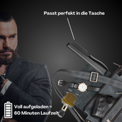 Pettine elettrico nero portatile in una borsa di pelle, accanto a orologio e profumo. Ideale per viaggi, autonomia 60 minuti. Perfetto per uomo moderno.
