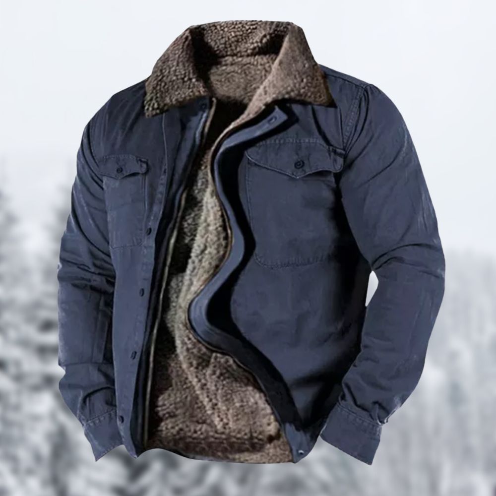 Giacca invernale da uomo blu con fodera in pelliccia sintetica marrone, design casual, ideale per climi freddi. Perfetta per moda outdoor.