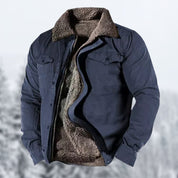 Giacca invernale da uomo blu con fodera in pelliccia sintetica marrone, design casual, ideale per climi freddi. Perfetta per moda outdoor.