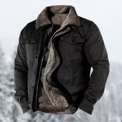Giacca invernale da uomo nera con fodera in pelliccia sintetica, doppia tasca frontale, ideale per climi freddi. Stile casual e resistente.