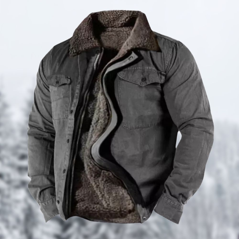 Giacca invernale da uomo grigia con fodera in pelliccia sintetica, doppia chiusura, tasche frontali, ideale per climi freddi e attività all'aperto.