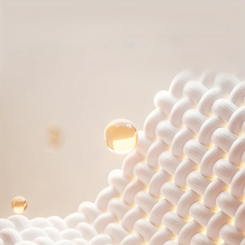 Trama tessile bianca con gocce d'olio sospese, texture dettagliata, sfondo beige. Immagine macro per prodotti skincare e tessuti innovativi.
