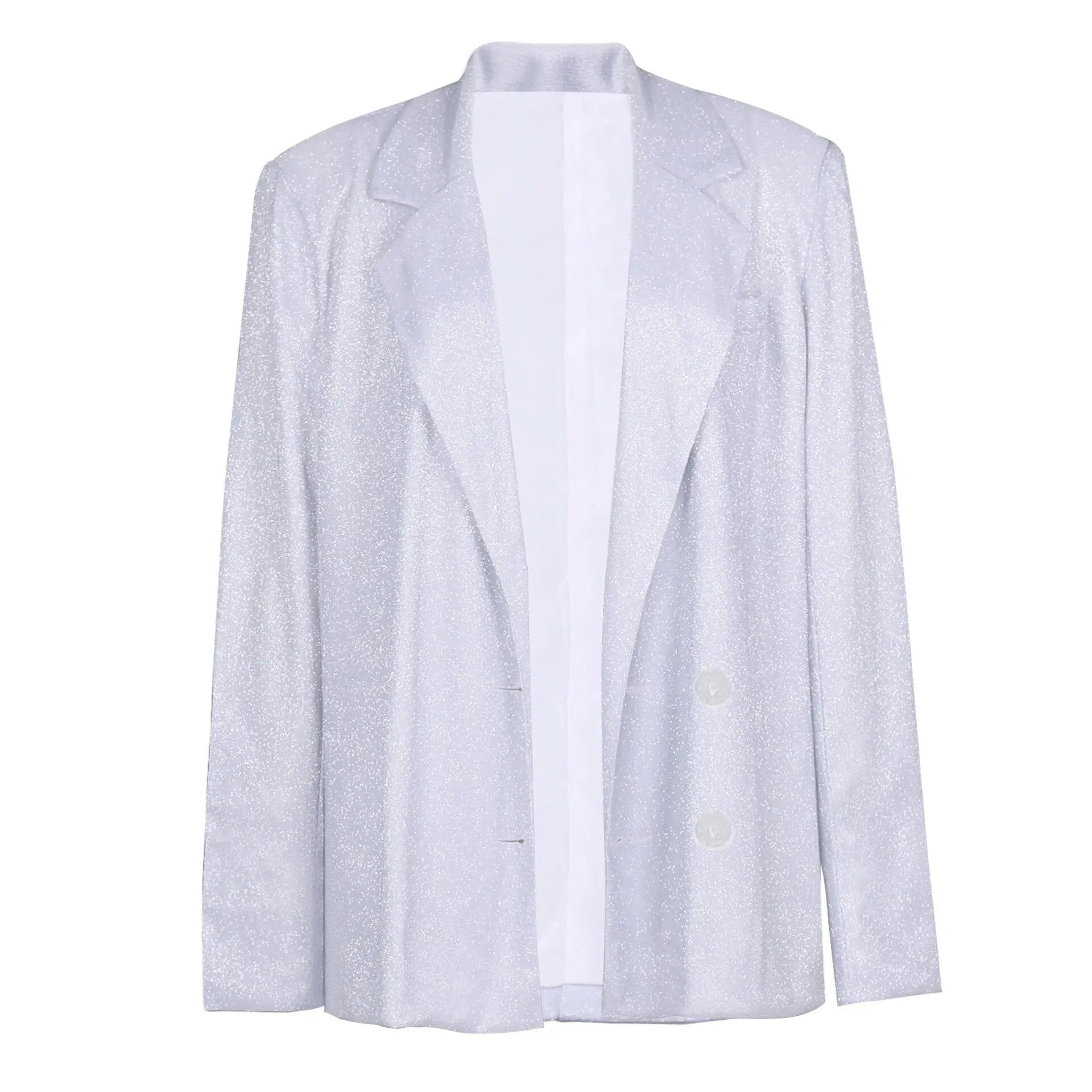 Giacca blazer donna argento scintillante, elegante e moderna, ideale per eventi formali. Design classico con bottoni, tessuto lucido.