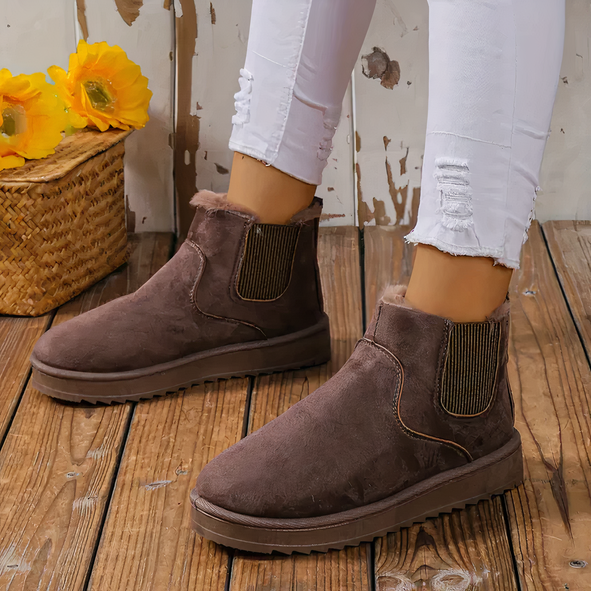 Stivaletti invernali marroni da donna, in pelle scamosciata, con fodera in pelliccia sintetica, indossati con jeans bianchi strappati su pavimento in legno.