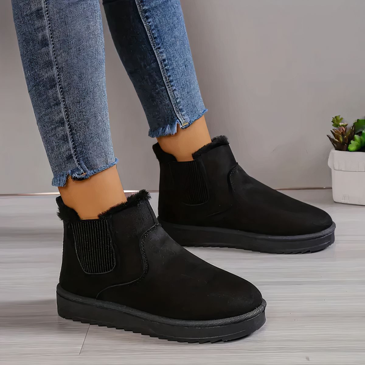 Stivaletti neri invernali da donna, in pelle scamosciata, con fodera in pelliccia sintetica, suola antiscivolo, indossati con jeans.