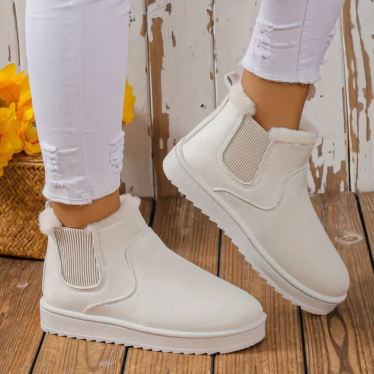 Stivaletti bianchi invernali da donna, foderati in pelliccia sintetica, su pavimento in legno. Moda calzature, stile casual, comfort e calore.
