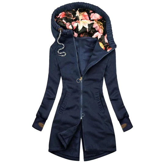 Cappotto donna blu scuro con cappuccio foderato floreale, zip frontale, design elegante, moda autunno inverno, abbigliamento casual chic.
