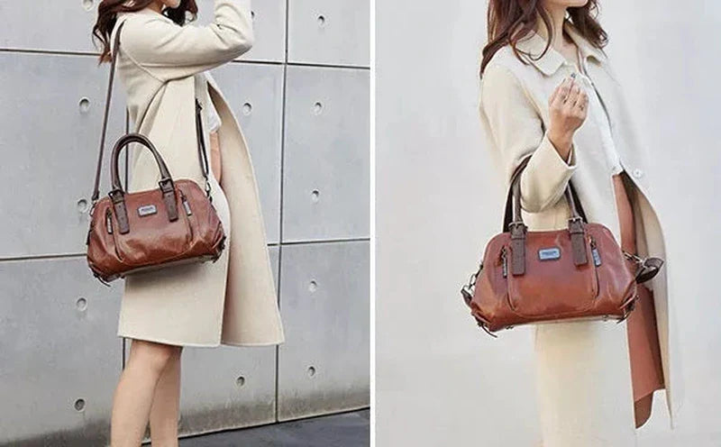 Donna con cappotto beige e borsa a mano in pelle marrone, elegante e moderna. Accessorio moda autunno, stile casual chic.