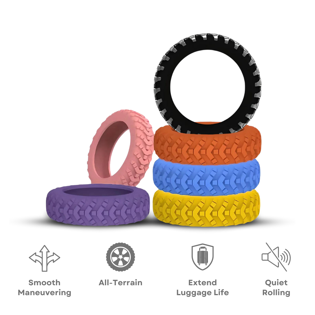 Set di ruote colorate per valigie, design all-terrain, manovrabilità fluida, lunga durata, rotolamento silenzioso. Ideale per viaggiatori.