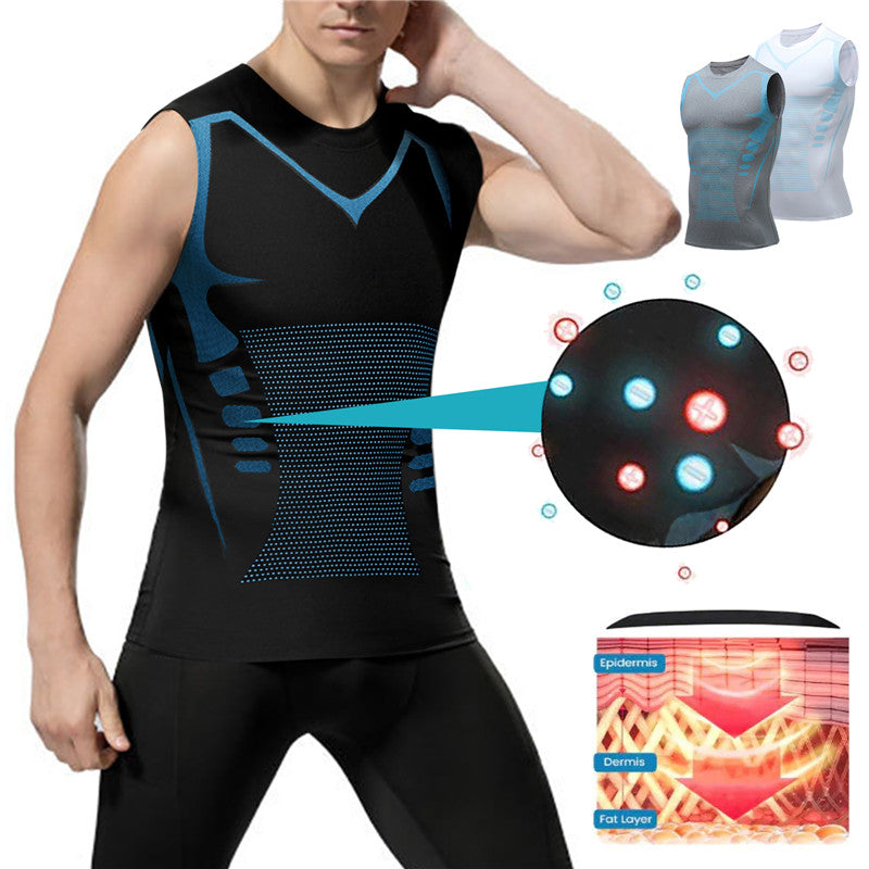 Canotta termica uomo nera, design sportivo, tecnologia riscaldante a infrarossi, ideale per fitness e attività all'aperto, disponibile in vari colori.