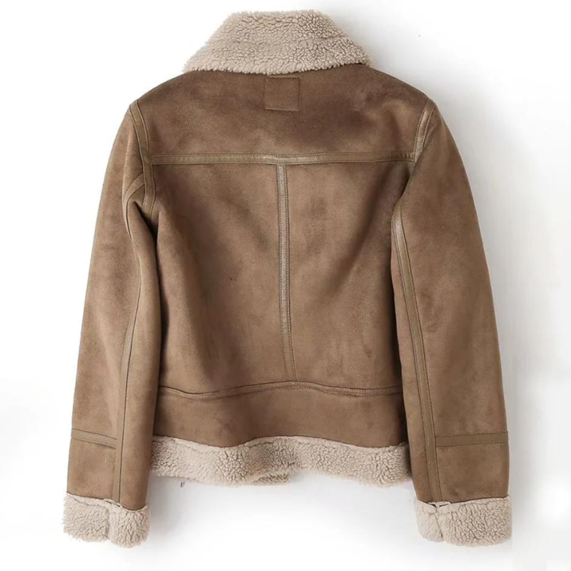 Giacca in pelle scamosciata marrone con colletto e polsini in pelliccia sintetica, stile aviatore, moda invernale, retro, calda e alla moda.