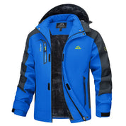 Giacca invernale da uomo blu, impermeabile e antivento, con cappuccio e fodera in pile. Ideale per escursioni e sport all'aperto.
