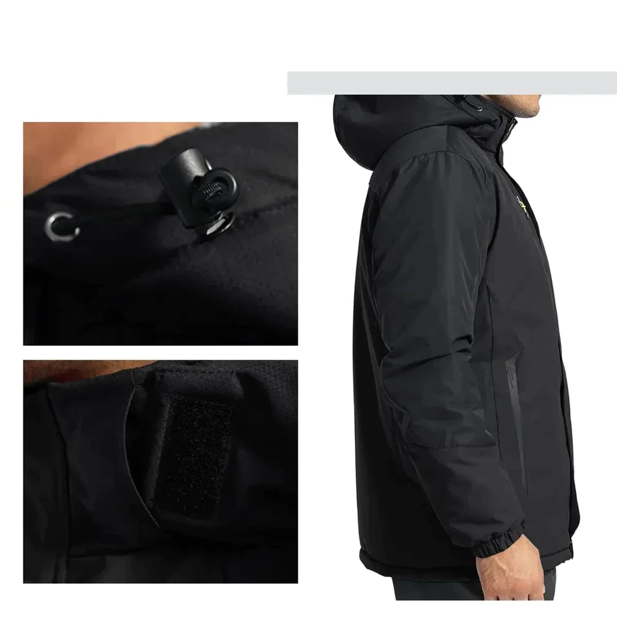 Giacca nera impermeabile con cappuccio, dettagli su chiusura a strappo e cordino regolabile. Ideale per outdoor, trekking, sport invernali.