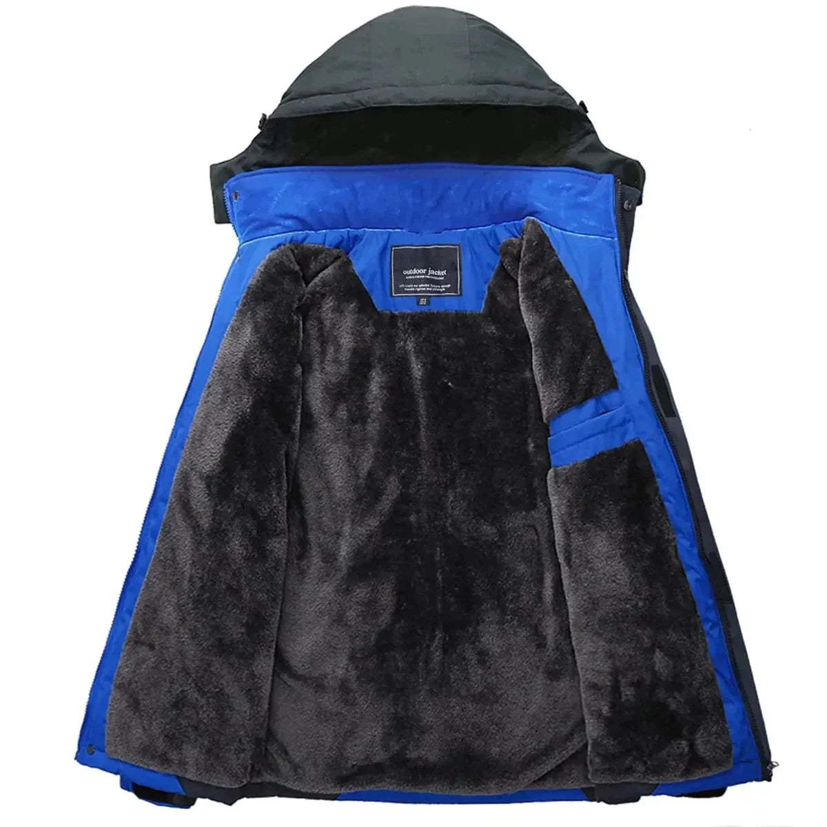 Giacca invernale da uomo con interno in pelliccia sintetica grigia, esterno blu, cappuccio rimovibile. Ideale per climi freddi, moda outdoor.