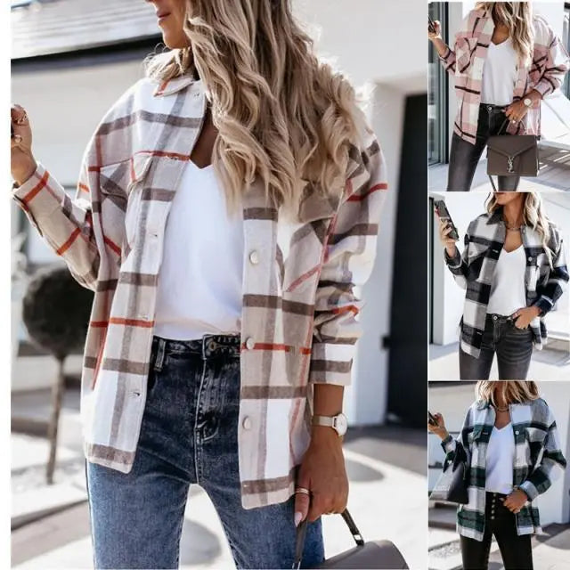 Giacca a quadri donna, stile casual, colori neutri, abbinata a jeans e top bianco. Moda autunnale, look versatile e trendy.