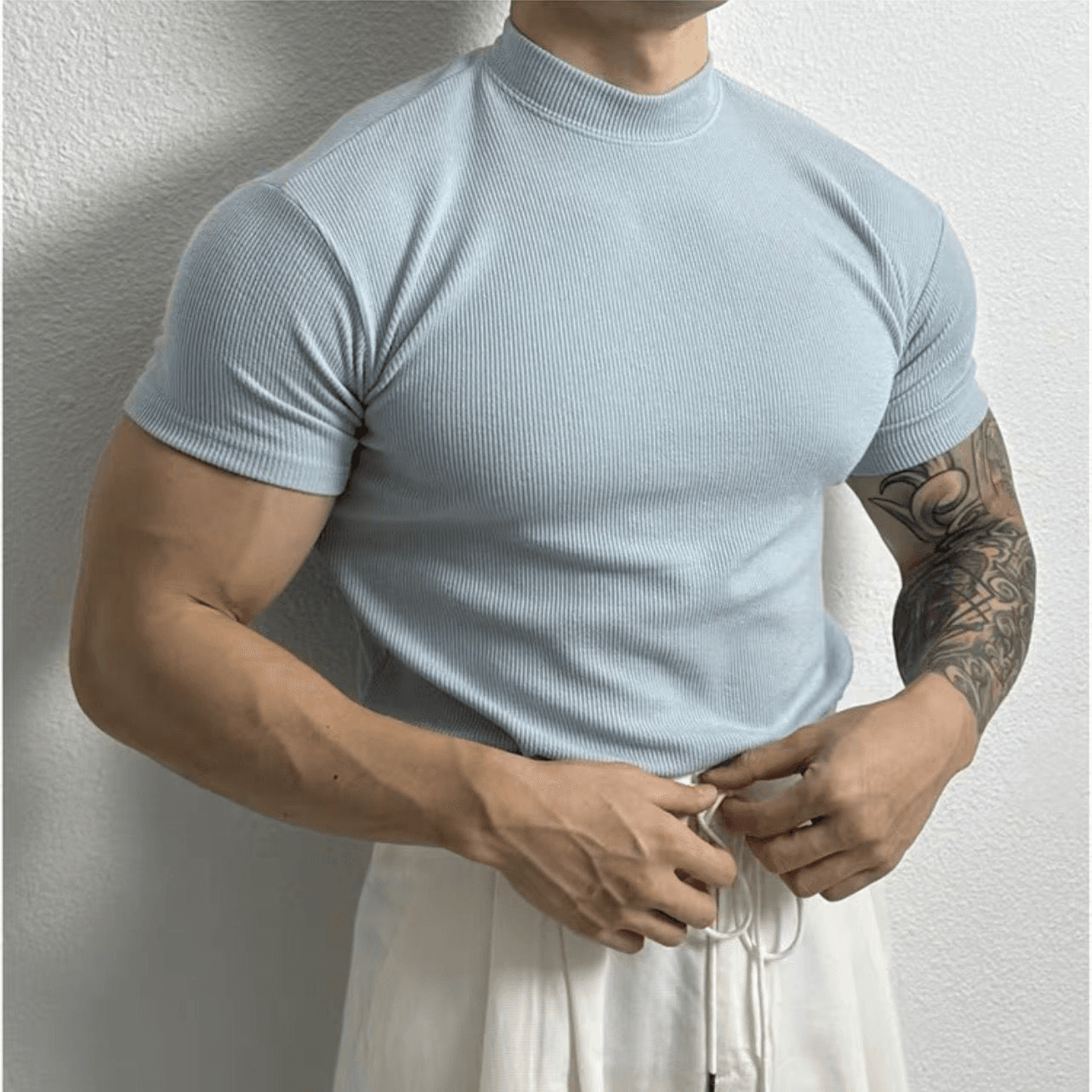 Maglia aderente a coste da uomo - Manica corta - Collo alto - Tessuto elasticizzato traspirante 0