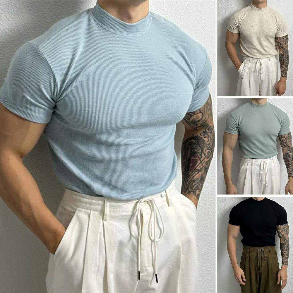 Maglia aderente a coste da uomo - Manica corta - Collo alto - Tessuto elasticizzato traspirante 1