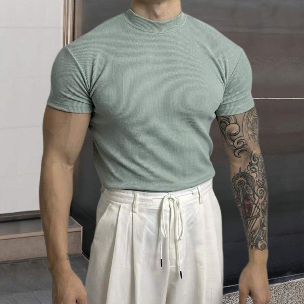 Maglia aderente a coste da uomo - Manica corta - Collo alto - Tessuto elasticizzato traspirante 3