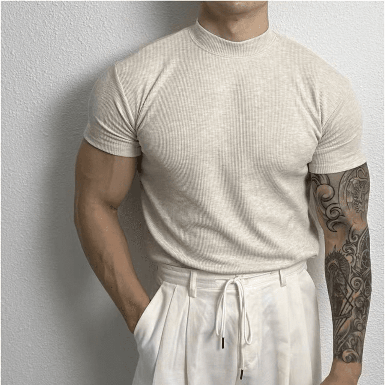 Maglia aderente a coste da uomo - Manica corta - Collo alto - Tessuto elasticizzato traspirante 6