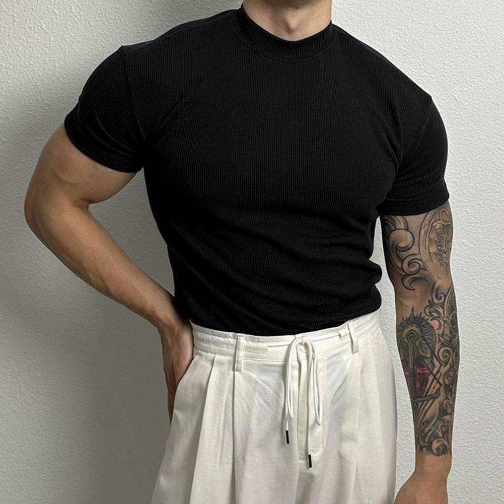 Maglia aderente a coste da uomo - Manica corta - Collo alto - Tessuto elasticizzato traspirante 7