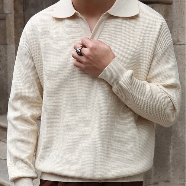 Maglia da uomo in maglia – Vestibilità comoda – Misto cotone a coste – Colletto senza bottoni – Manica lunga 1