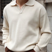 Maglia da uomo in maglia – Vestibilità comoda – Misto cotone a coste – Colletto senza bottoni – Manica lunga 3