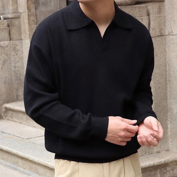 Maglia da uomo in maglia – Vestibilità comoda – Misto cotone a coste – Colletto senza bottoni – Manica lunga 4