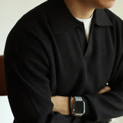 Maglia da uomo in maglia – Vestibilità comoda – Misto cotone a coste – Colletto senza bottoni – Manica lunga 5