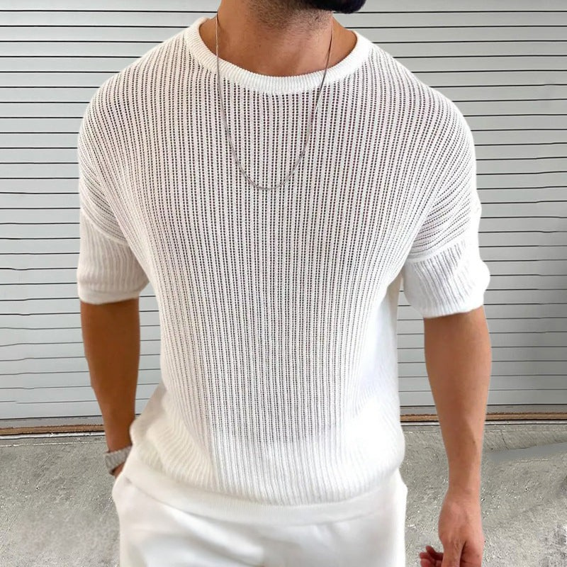 Maglia da uomo in maglia – Vestibilità slim – Leggera semitrasparente – Trama a coste – Girocollo – Manica corta 0