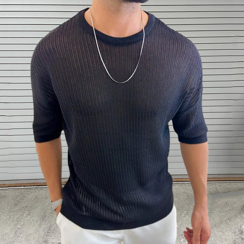 Maglia da uomo in maglia – Vestibilità slim – Leggera semitrasparente – Trama a coste – Girocollo – Manica corta 1