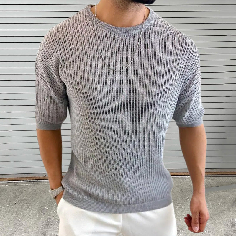 Maglia da uomo in maglia – Vestibilità slim – Leggera semitrasparente – Trama a coste – Girocollo – Manica corta 2
