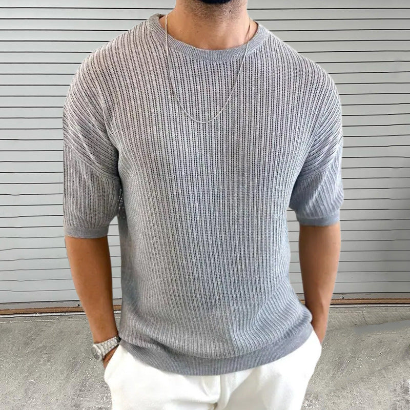 Maglia da uomo in maglia – Vestibilità slim – Leggera semitrasparente – Trama a coste – Girocollo – Manica corta 3