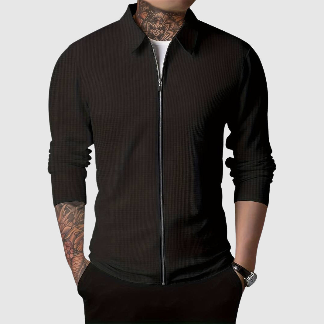 Maglione con cerniera da uomo – Maglia a nido d'ape – Design aderente – Abbigliamento casual a maniche lunghe 1