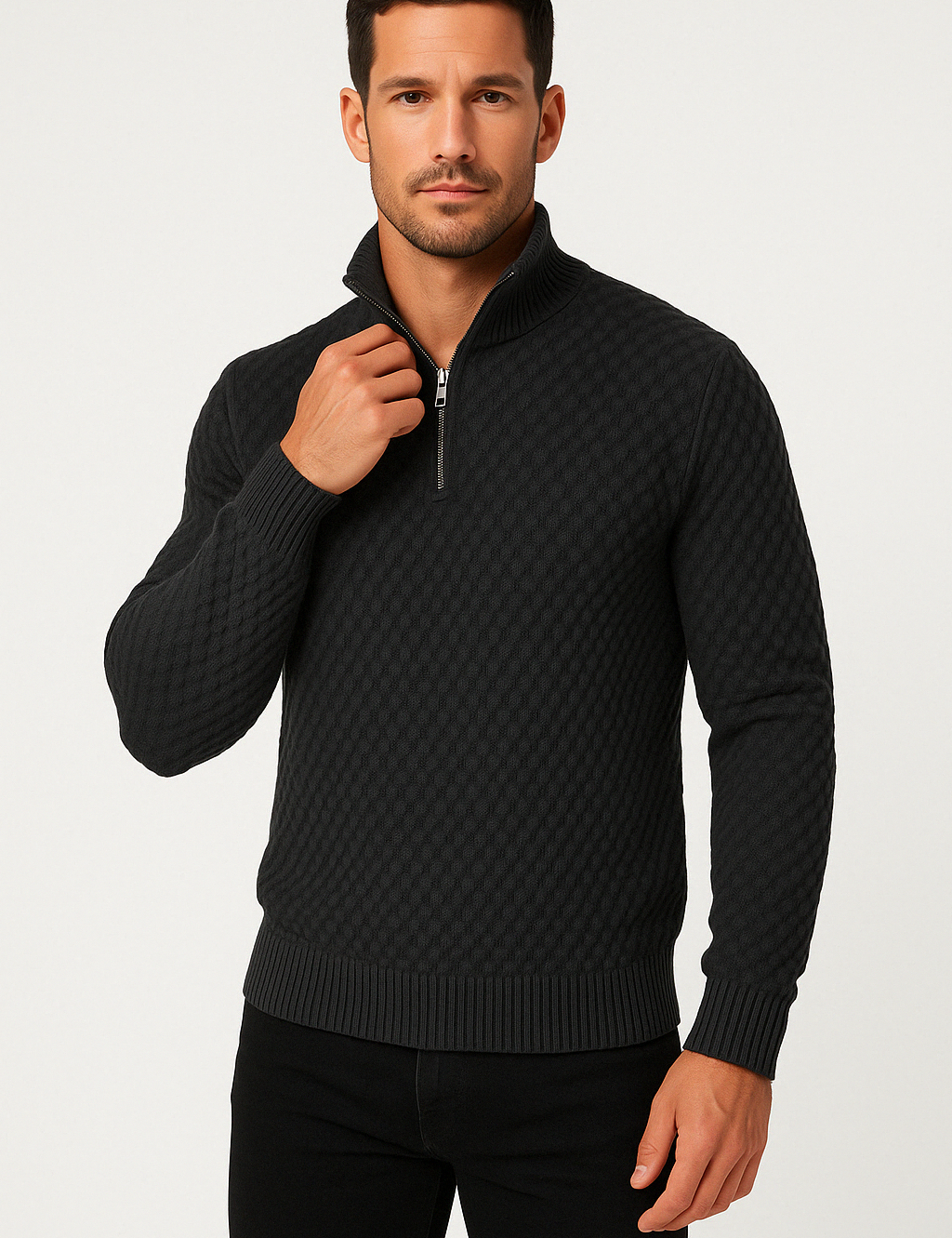 Maglione da uomo con mezza zip – Maglia testurizzata – Vestibilità su misura – Rifiniture a coste – Morbido al tatto 0