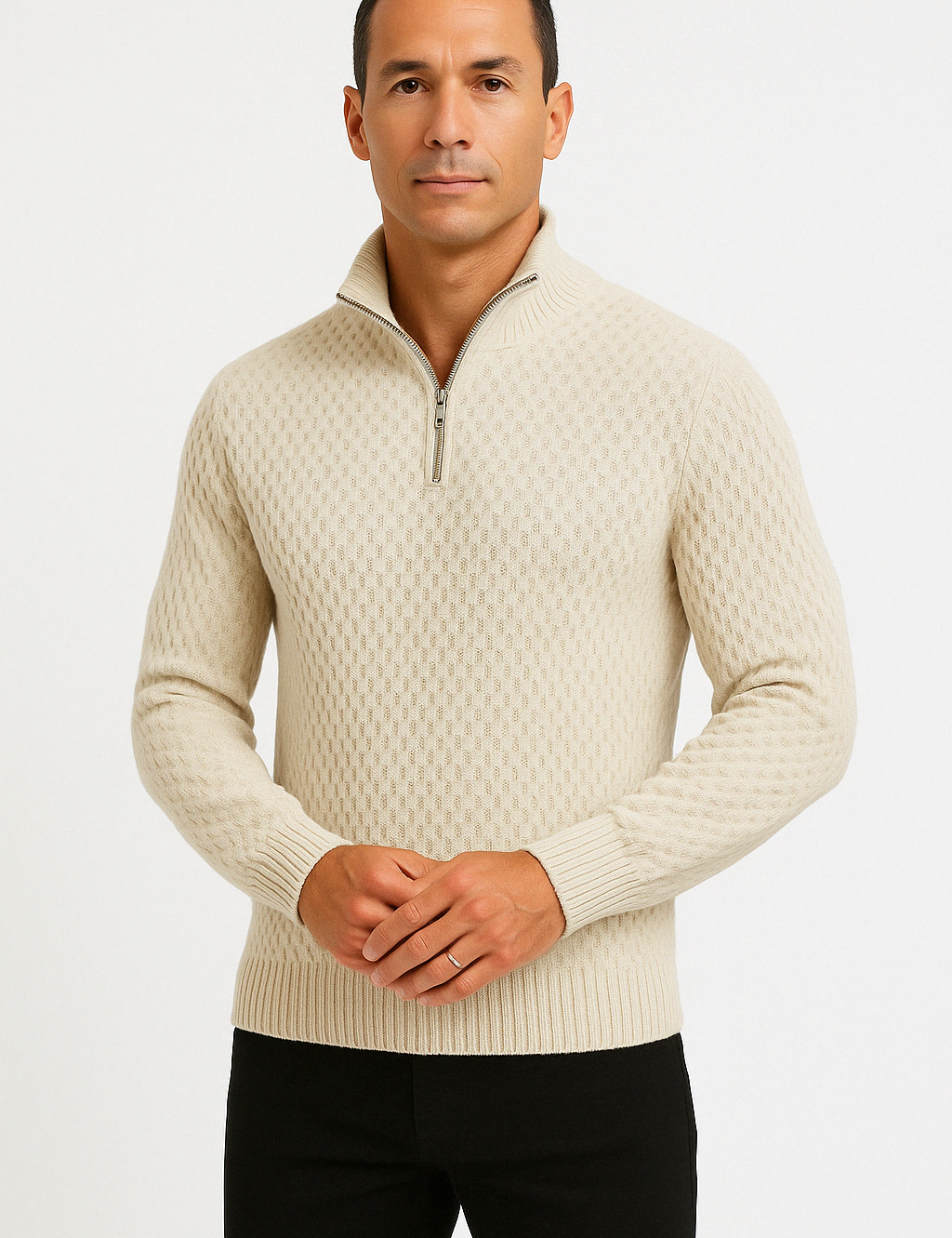 Maglione da uomo con mezza zip – Maglia testurizzata – Vestibilità su misura – Rifiniture a coste – Morbido al tatto 1