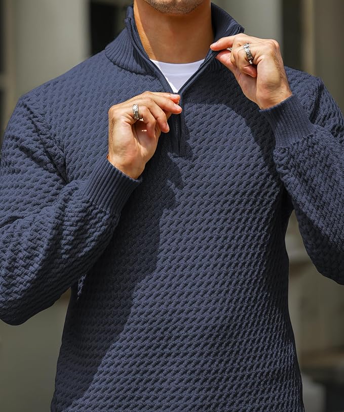 Maglione da uomo con mezza zip – Maglia testurizzata – Vestibilità su misura – Rifiniture a coste – Morbido al tatto 3
