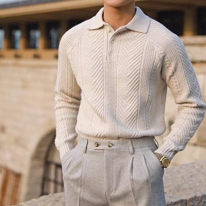 Maglione da uomo in maglia – Vestibilità slim – Collo polo – Maglia a trecce – Tessuto elasticizzato morbido 0