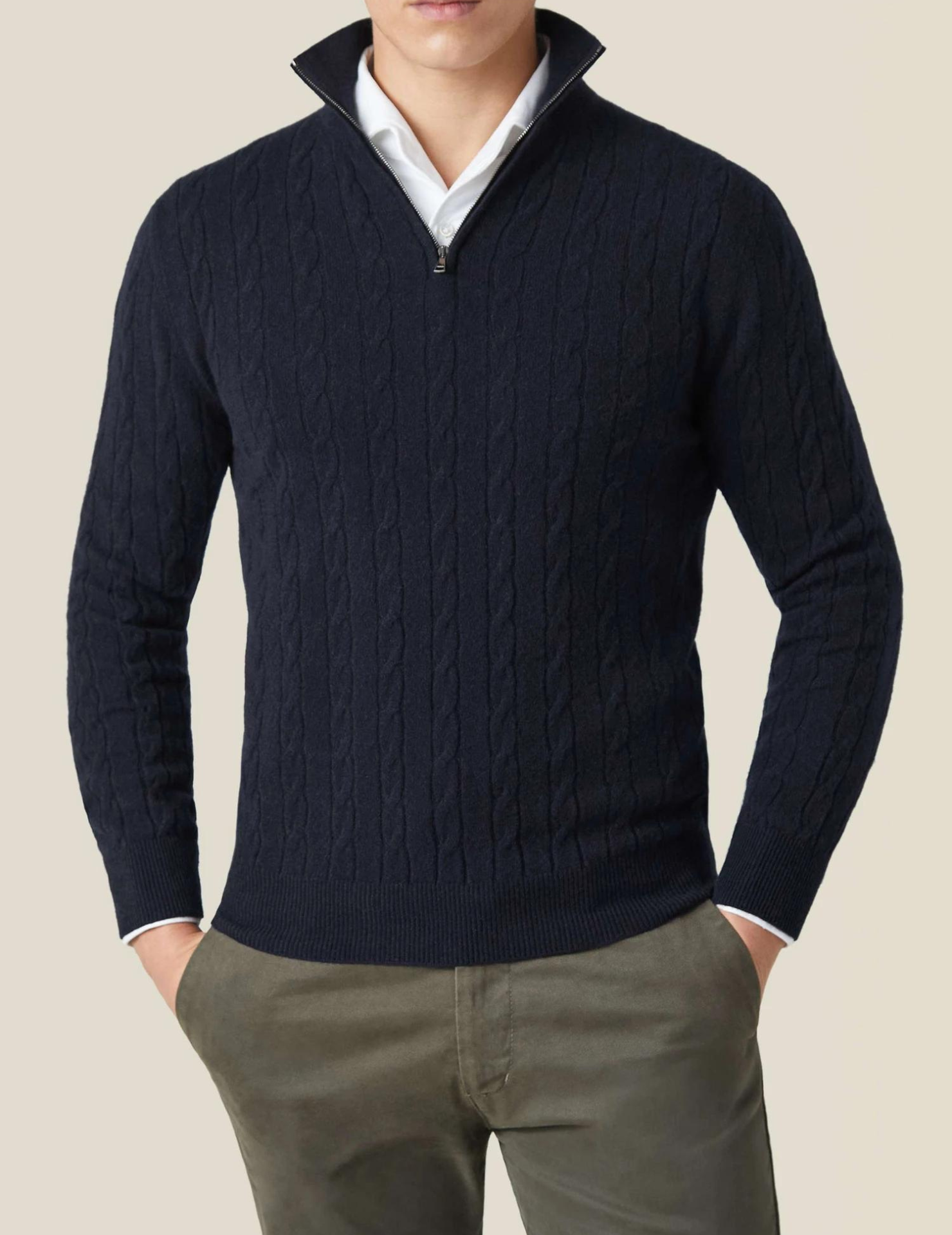 Maglione da uomo in maglia a trecce – Misto lana – Mezza cerniera – Collo alto – Vestibilità casual elegante 0