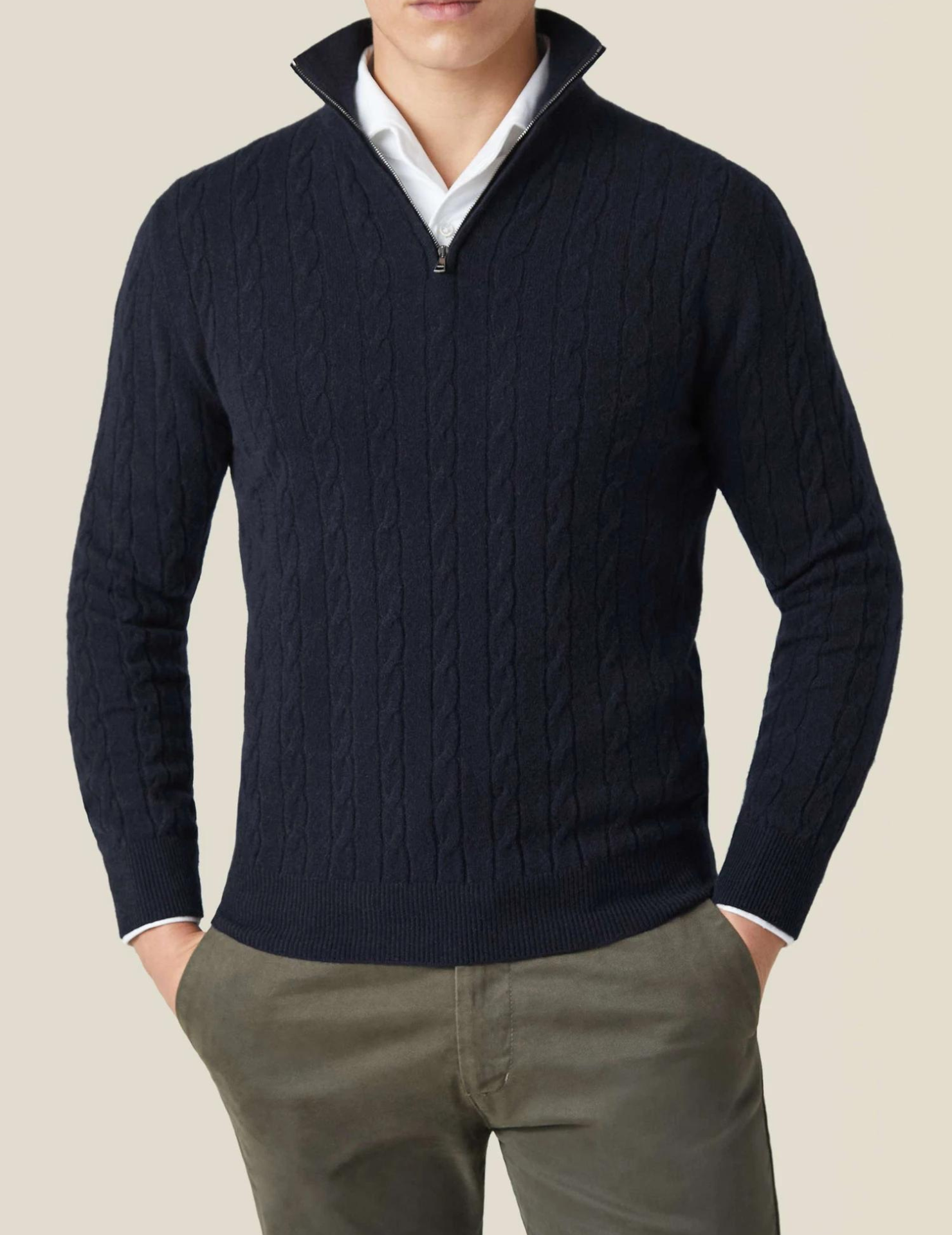 Maglione da uomo in maglia a trecce – Misto lana – Mezza cerniera – Collo alto – Vestibilità casual elegante 0