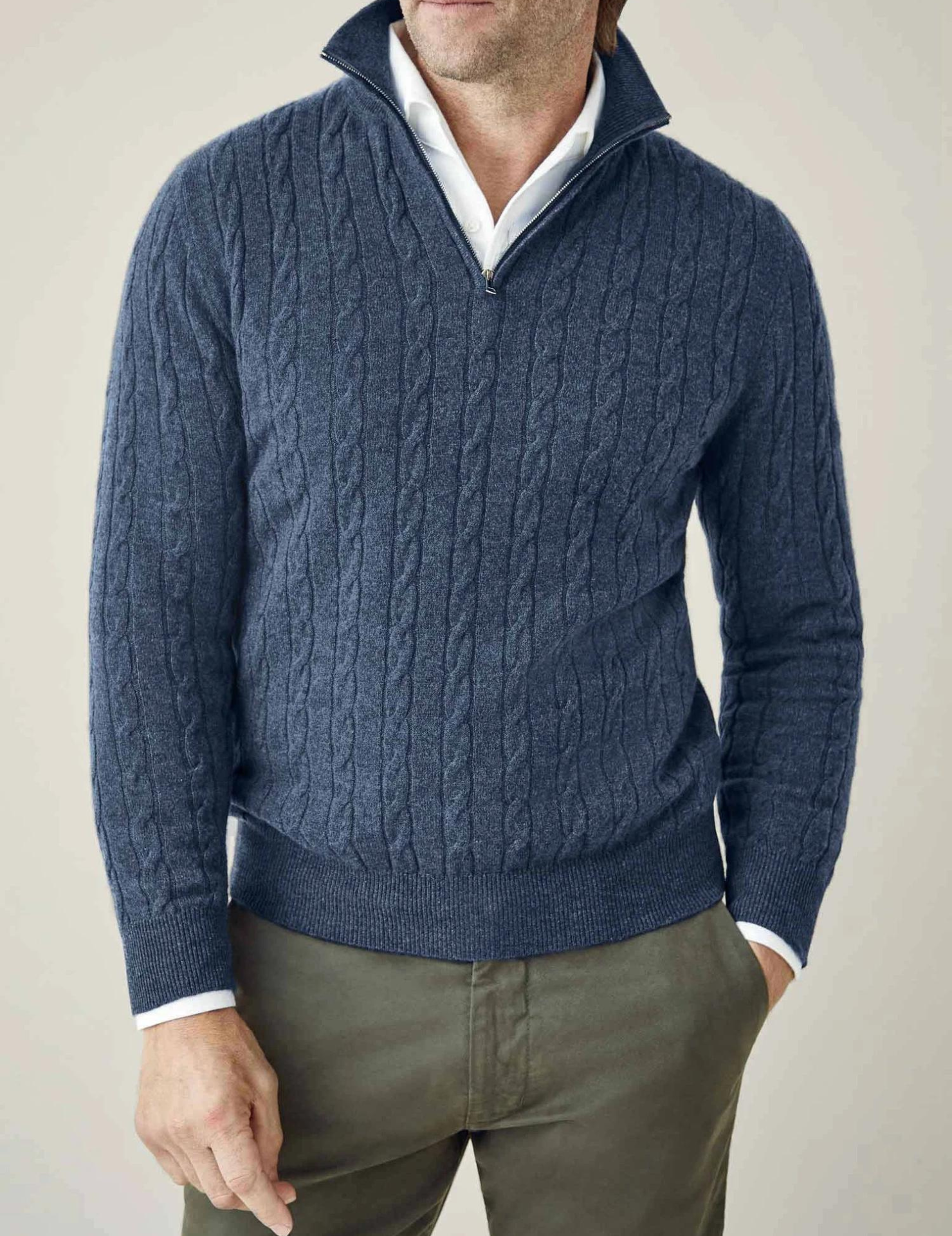 Maglione da uomo in maglia a trecce – Misto lana – Mezza cerniera – Collo alto – Vestibilità casual elegante 1