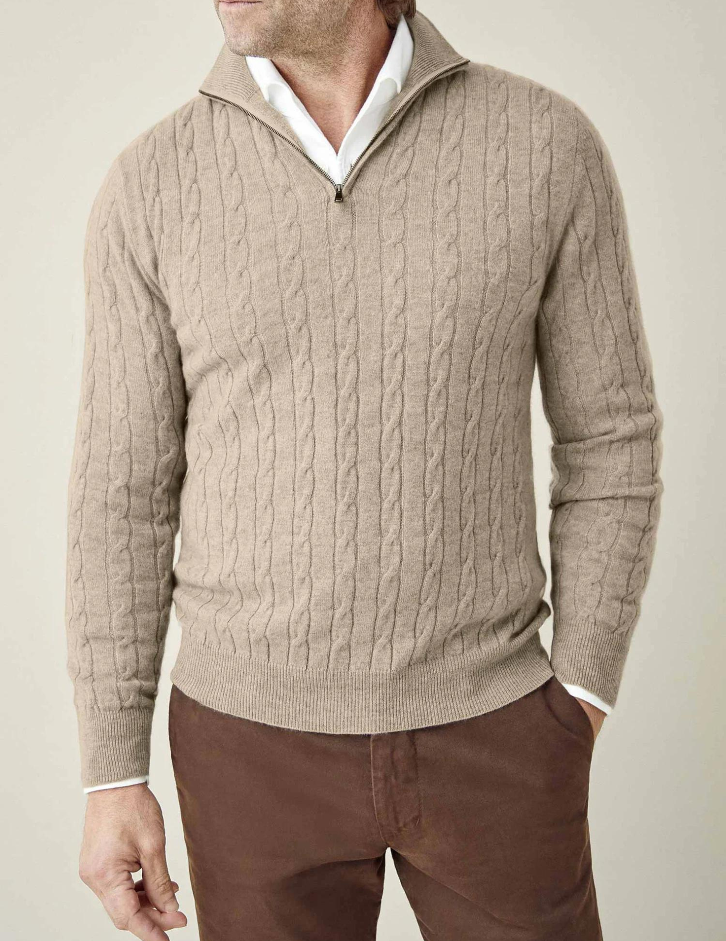 Maglione da uomo in maglia a trecce – Misto lana – Mezza cerniera – Collo alto – Vestibilità casual elegante 6