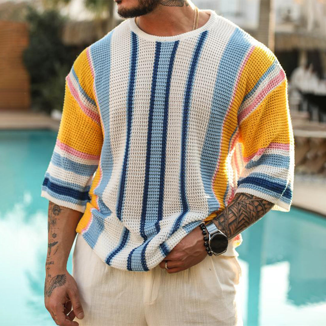 Maglione lavorato a maglia da uomo - Manica corta - Motivo a righe - Vestibilità comoda e casual 0