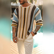 Maglione lavorato a maglia da uomo - Manica corta - Motivo a righe - Vestibilità comoda e casual 1