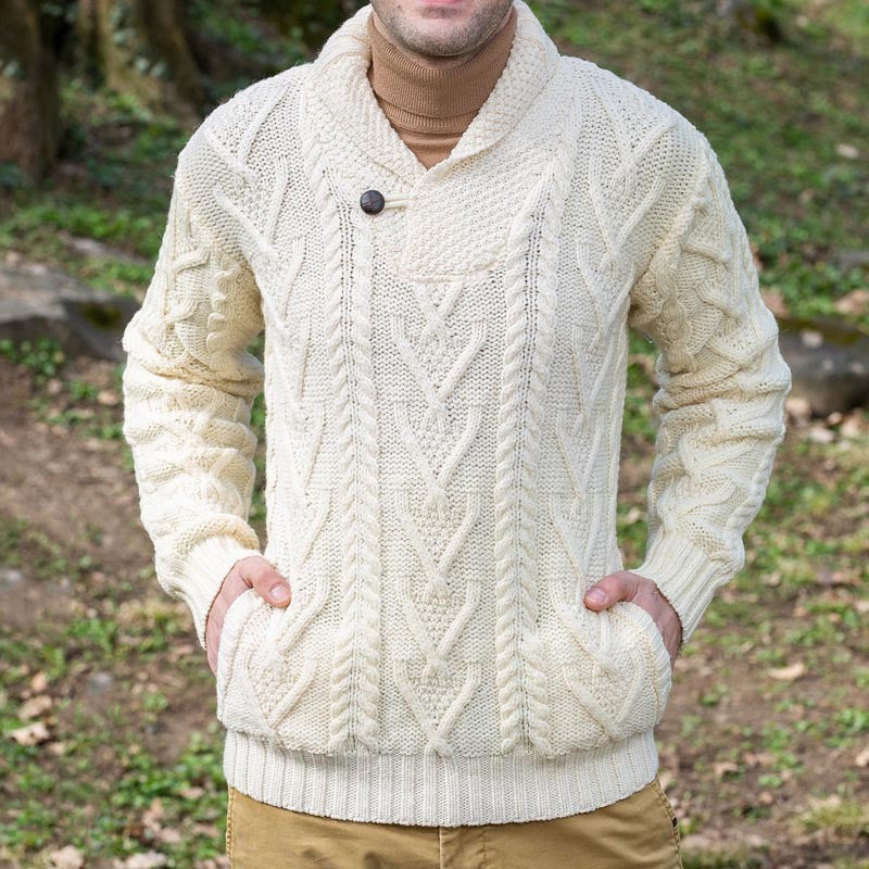 Maglione pullover da uomo – Misto lana – Vestibilità comoda – Maglia a trecce – Collo a scialle 0