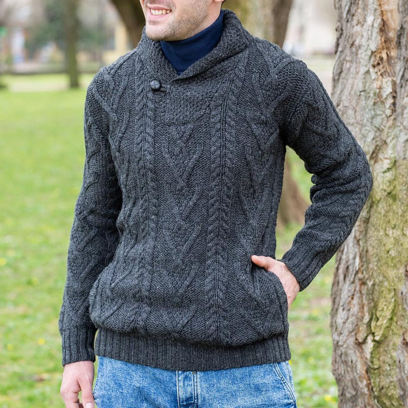 Maglione pullover da uomo – Misto lana – Vestibilità comoda – Maglia a trecce – Collo a scialle 2