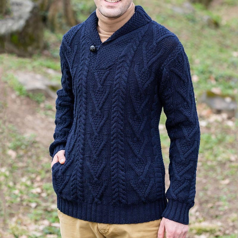Maglione pullover da uomo – Misto lana – Vestibilità comoda – Maglia a trecce – Collo a scialle 3