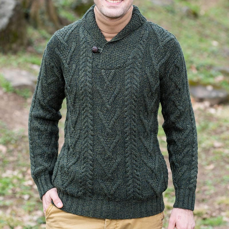 Maglione pullover da uomo – Misto lana – Vestibilità comoda – Maglia a trecce – Collo a scialle 4